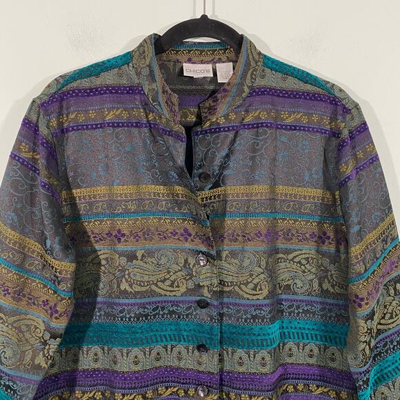 Chico's Women's Multicolor Jacquard Tapestry Knee Length Button Up Coat Sz 2 (L) - Picture 2 of 9